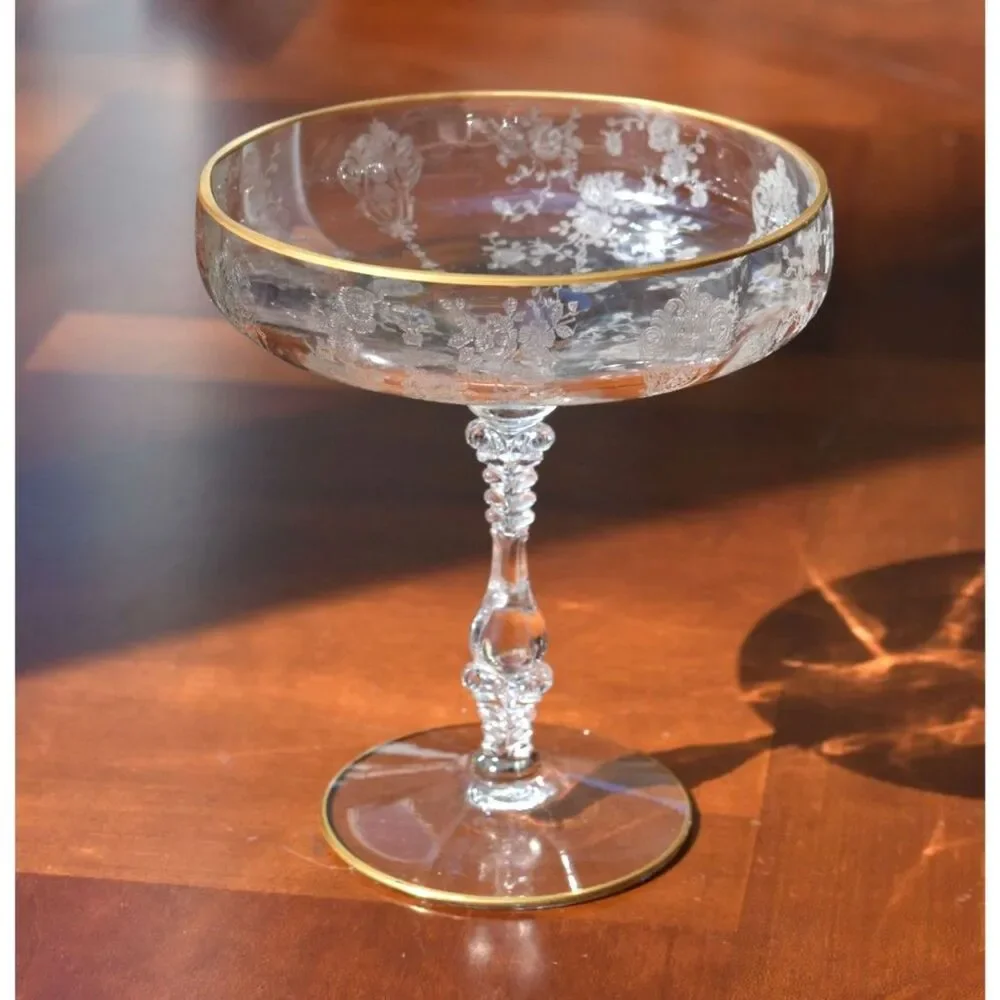 Vintage Cambridge Glass - Gold Trim - Round Compote Rose Point - Clear Stem 3121